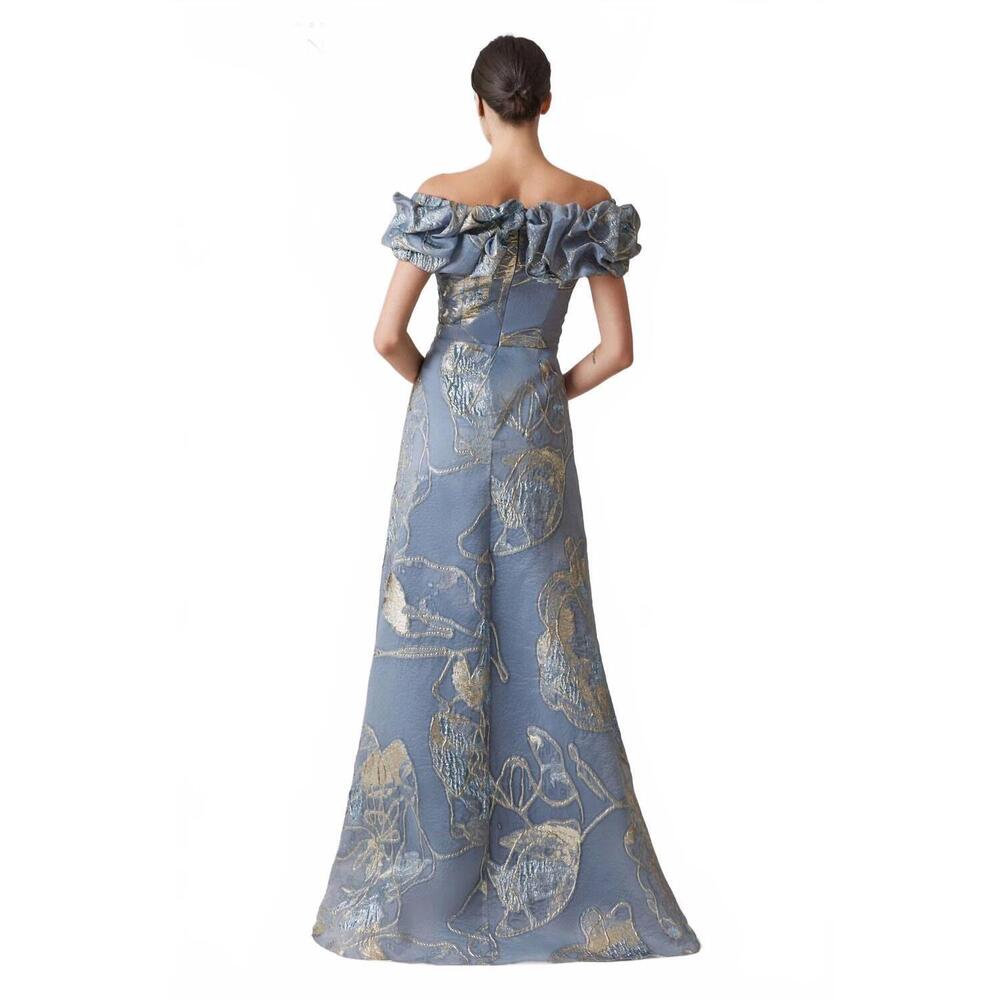 NEW TERI JON jacquard scrunch neckline off shoulder gown in pewter multi - Picture 2 of 4